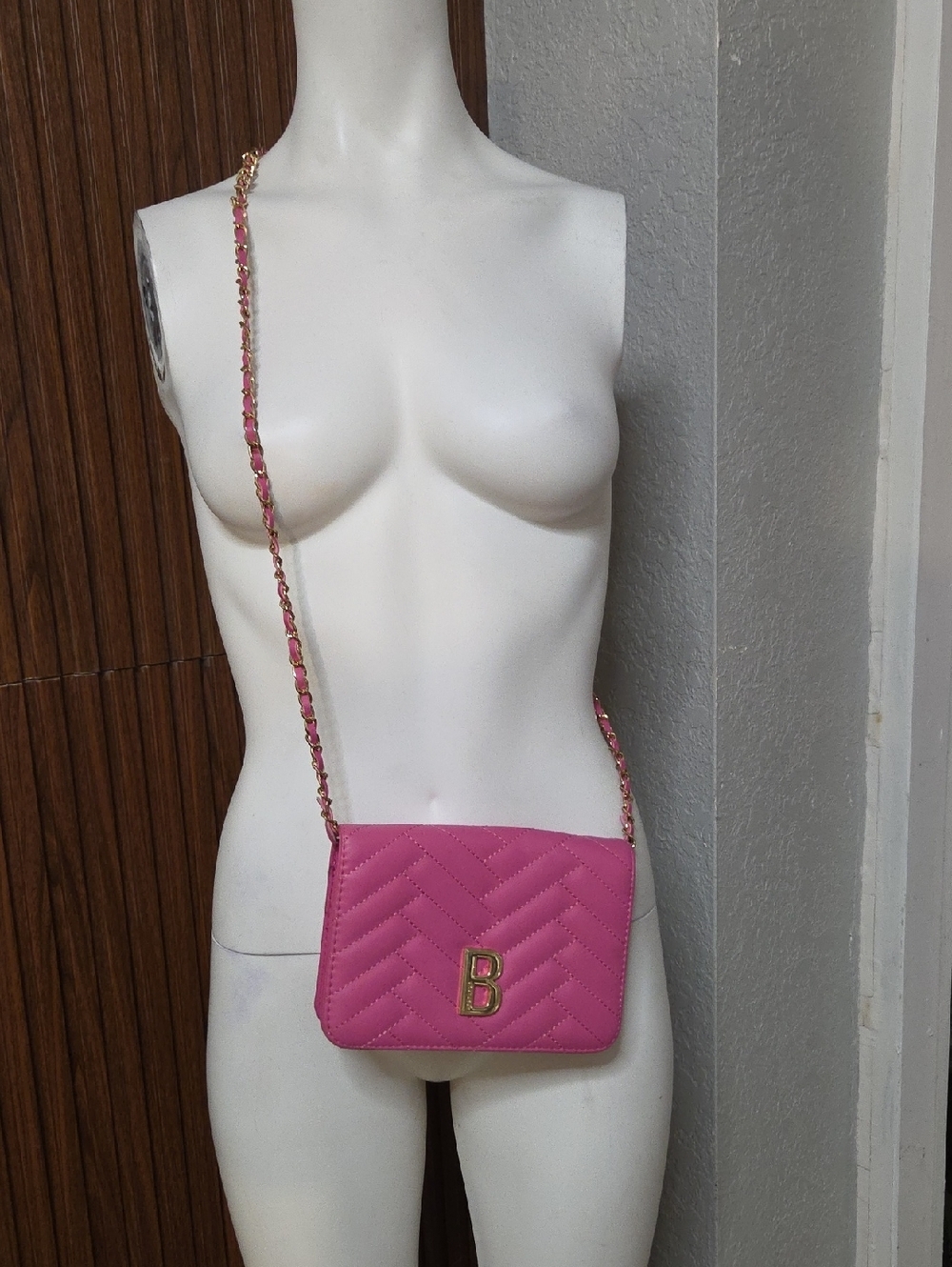 Bebe Sophia Quilted Crossbody bag in Barbie Pink featuring a gold-toned chain